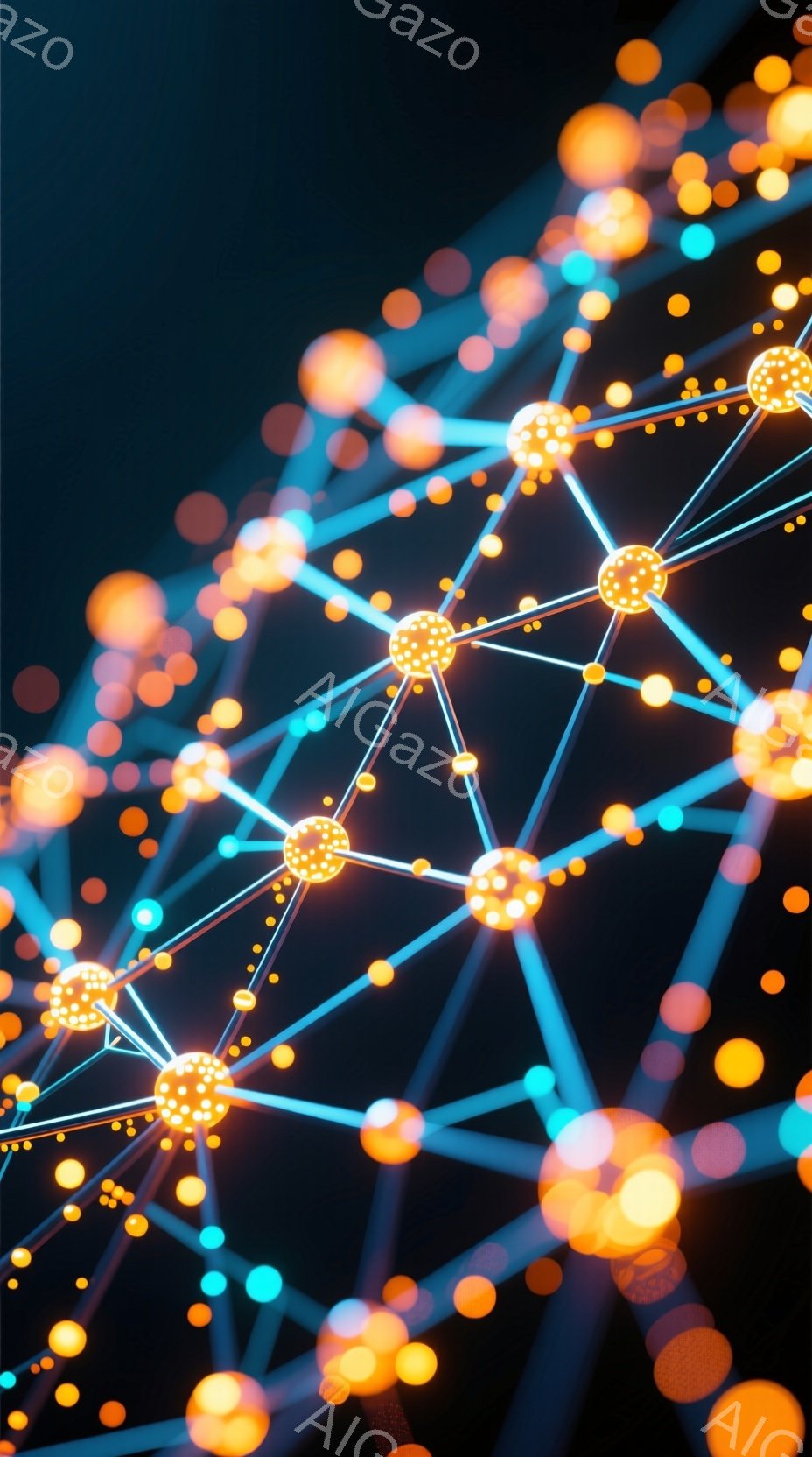 暗い背景に、明るいオレンジと青色の光のネットワークが描かれています。光の球体同士が線で繋がれ、複雑な構造を形成しており、まるで神経回路やデータ通信の様子を想起させます。全体的に未来的な雰囲気で、科学技術やデジタル世界のイメージを強調しています。