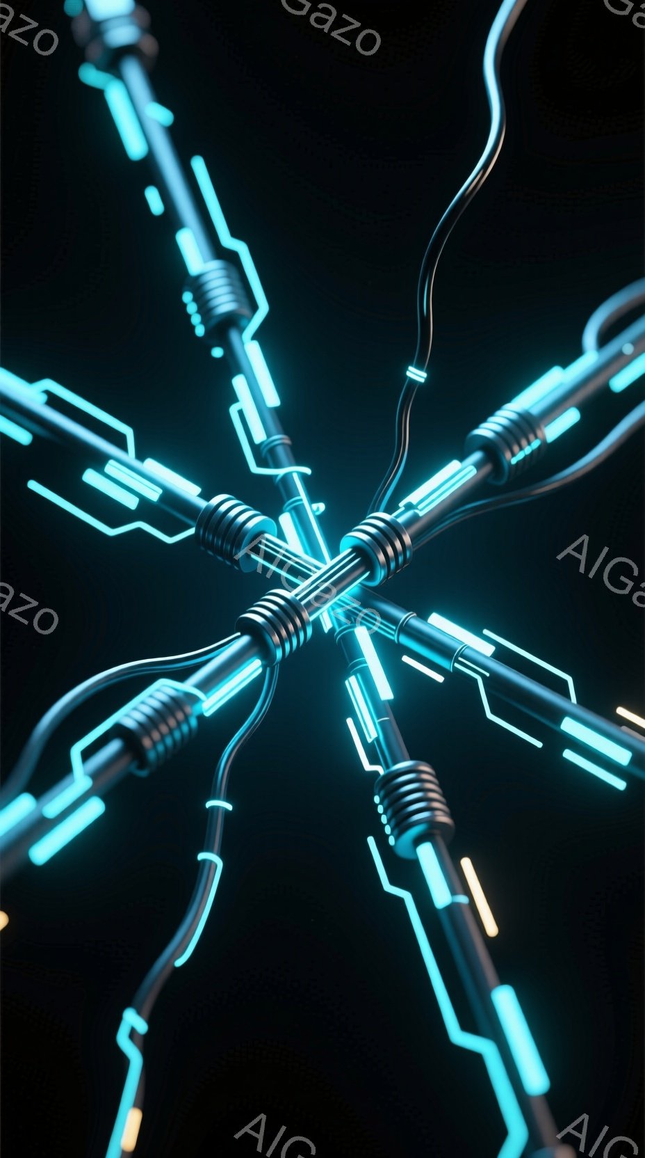 鮮やかなターコイズブルーの光が、複雑に絡み合ったチューブ状の構造物を照らし出している。この構造物は中心に向かって収束し、近未来的なテクノロジーやエネルギーの流れを想起させる。暗い背景が光のコントラストを際立たせ、ダイナミックでサイバーパンクな雰囲気を醸し出している。