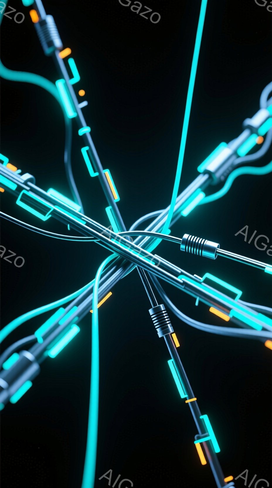 この画像は、暗い背景に浮かび上がる、複雑に絡み合った光の線で構成されています。ネオンブルー、白、オレンジ色の光が、金属製のチューブやコネクターのような部分と組み合わさり、未来的な回路やネットワークを想起させます。全体的に、テクノロジー、エネルギー、接続性を暗示する、鮮やかで抽象的なイメージです。