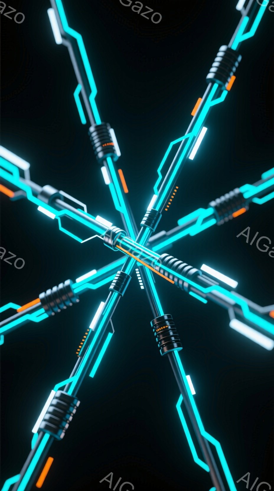 鮮やかなネオンブルーとオレンジ色の光の線が、暗闇の中で放射状に交差する抽象的な光景です。線は未来的なデザインで、金属的な質感と発光する粒子が組み合わされています。全体的に、これはサイバーパンクまたはテ - AI生成フリー素材