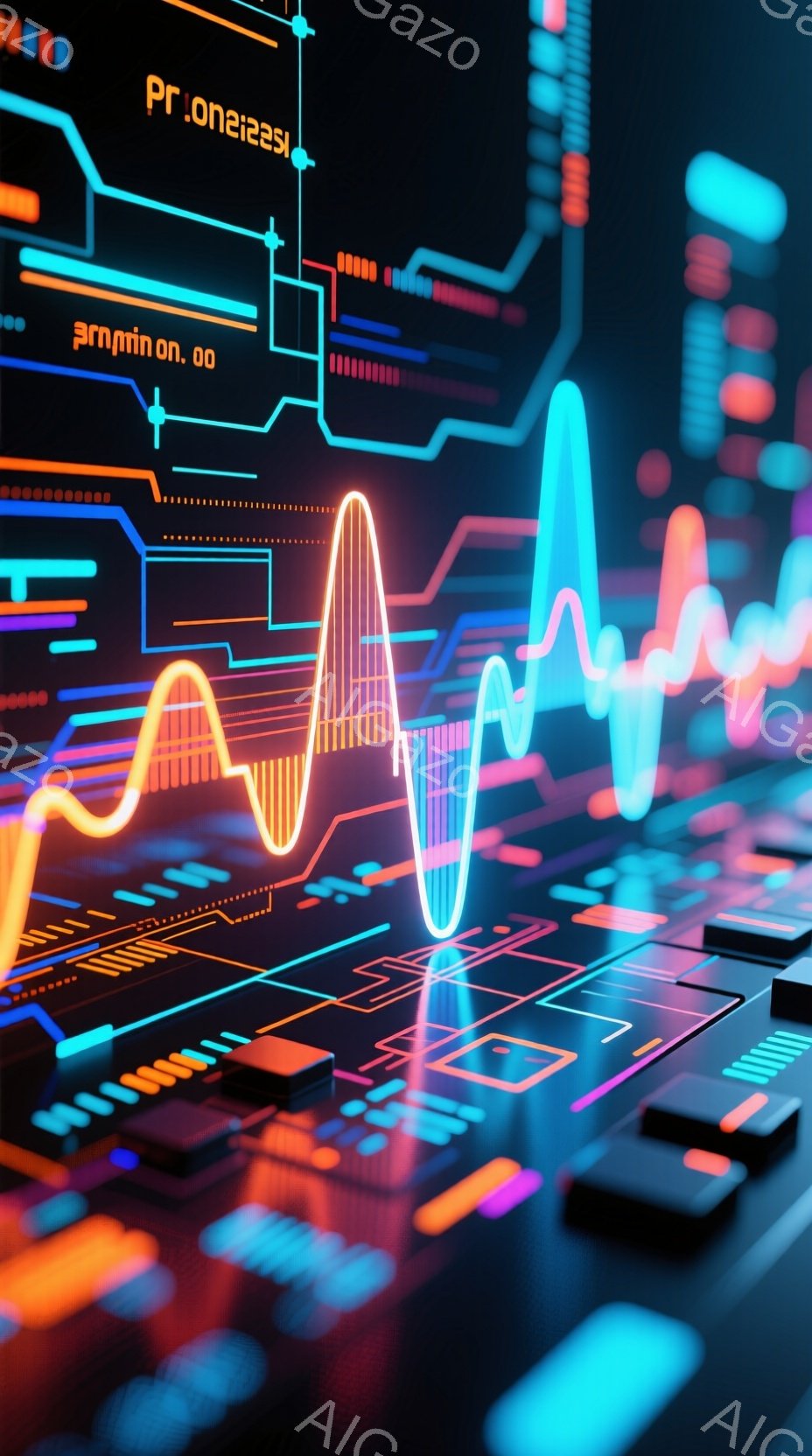 この画像は、未来的な回路基板をクローズアップしたものです。鮮やかなオレンジと青色の光が脈打つように光り、複雑な電子回路が描かれています。全体的に、高度なテクノロジーとエネルギーを感じさせる、鮮やかでダ - AI生成フリー素材