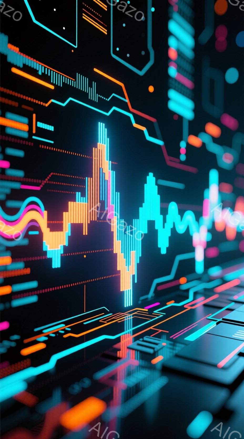 この画像は、鮮やかなネオンカラーの線と棒グラフが複雑に絡み合った、未来的なデジタル風景を描いています。オレンジ、ターコイズ、ピンクの光が、まるで電子回路のようなパターンを作り出し、奥行きのある視覚効果を生み出しています。全体的に、テクノロジー、データ、そして未来的なエネルギーを感じさせる、鮮やかで抽象的な表現です。
