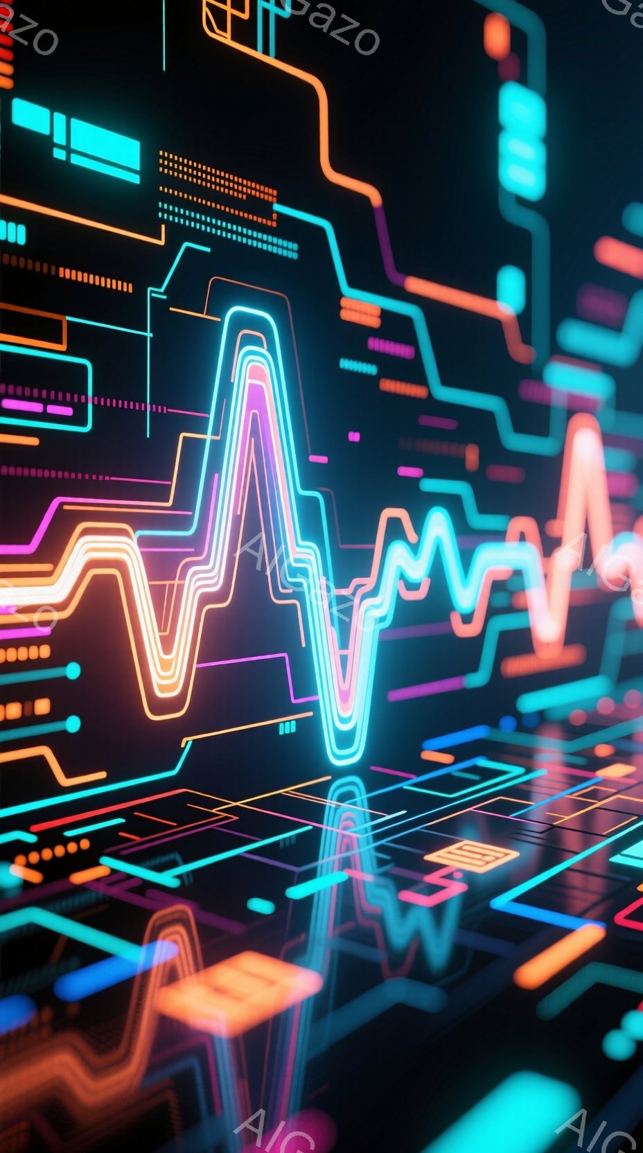 鮮やかなネオンカラーの線が複雑に絡み合い、未来的な回路図のようなイメージを形成しています。線は光を放ち、暗い背景の中で強いコントラストを生み出しており、床面には反射が映り込んでいます。全体として、テクノロジー、エネルギー、そして未来的な雰囲気を感じさせる抽象的な光景です。