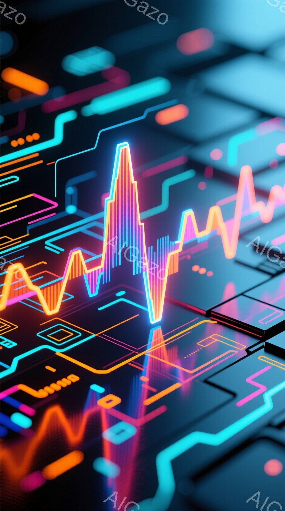 鮮やかなネオンカラーの回路が複雑に絡み合い、未来的なテクノロジーを表現した抽象的なイメージです。 オレンジ色の光の線が波形を描き、青い基盤上に浮かび上がり、まるで電子的なエネルギーの流れを視覚化したか - AI生成フリー素材