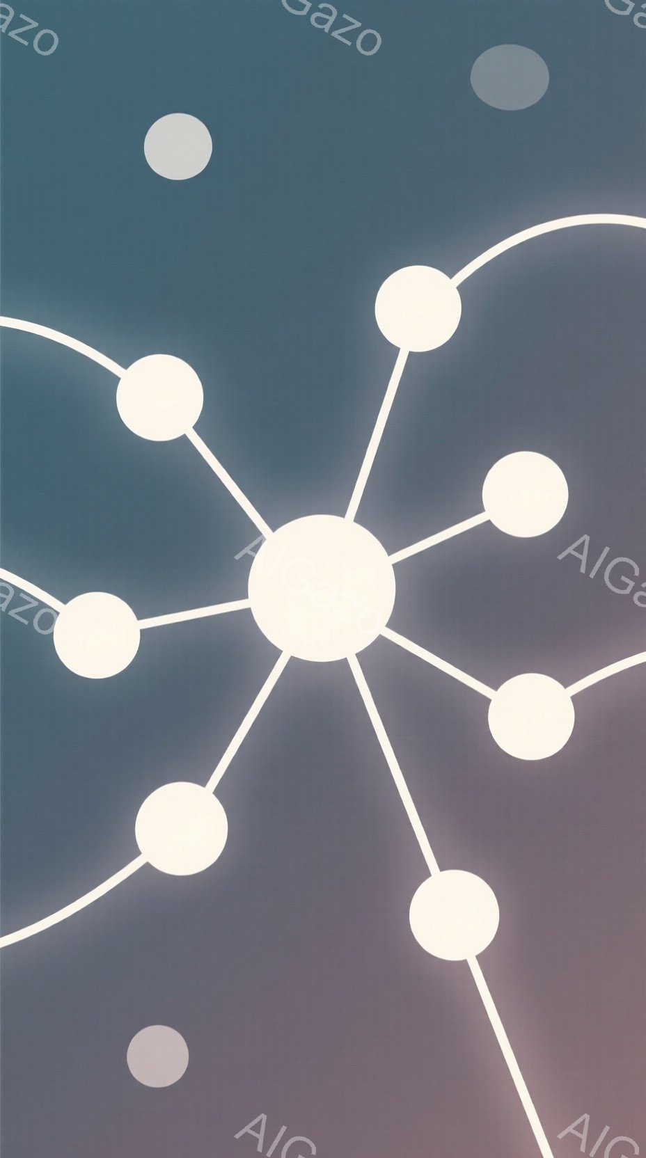 鮮やかな紫とグレーのグラデーションが広がる背景に、白い光の線で結ばれた複数の白い球体が浮かび上がっています。球体はまるでネットワークのような構造を形成しており、全体的に未来的で抽象的な印象を与えます。光の線は細く、球体はぼんやりと光を放ち、神秘的な雰囲気を醸し出しています。