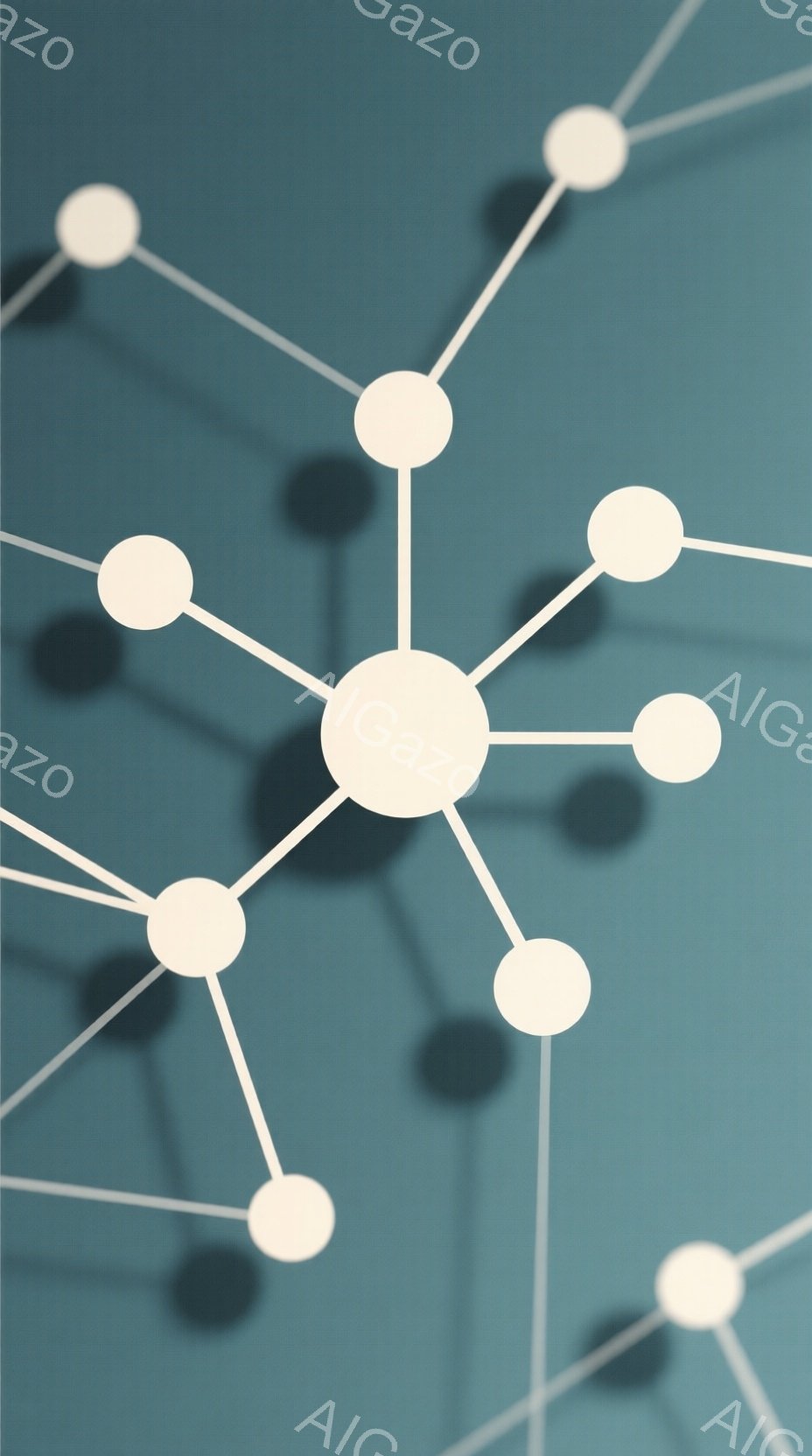 鮮やかなターコイズブルーの背景に、白い球体同士が細い線で繋がれた構造物が写っている。球体は影を落としており、立体感と奥行きが感じられる。全体的にミニマルで現代的な雰囲気で、ネットワークや繋がりを象徴しているように見える。