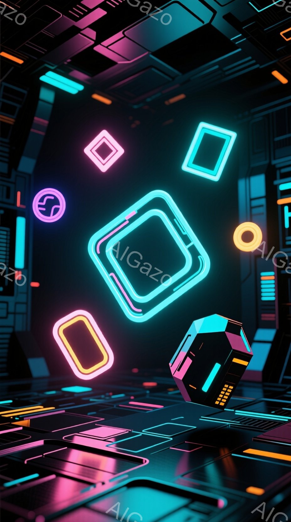 鮮やかなネオンカラーで照らされたサイバーパンク風の空間が描かれています。幾何学的な形状の発光体（立方体、円、四角形）が、暗い背景に浮かび上がり、未来的な雰囲気を醸し出しています。全体的に、テクノロジーとアートが融合した、洗練された印象を与える画像です。