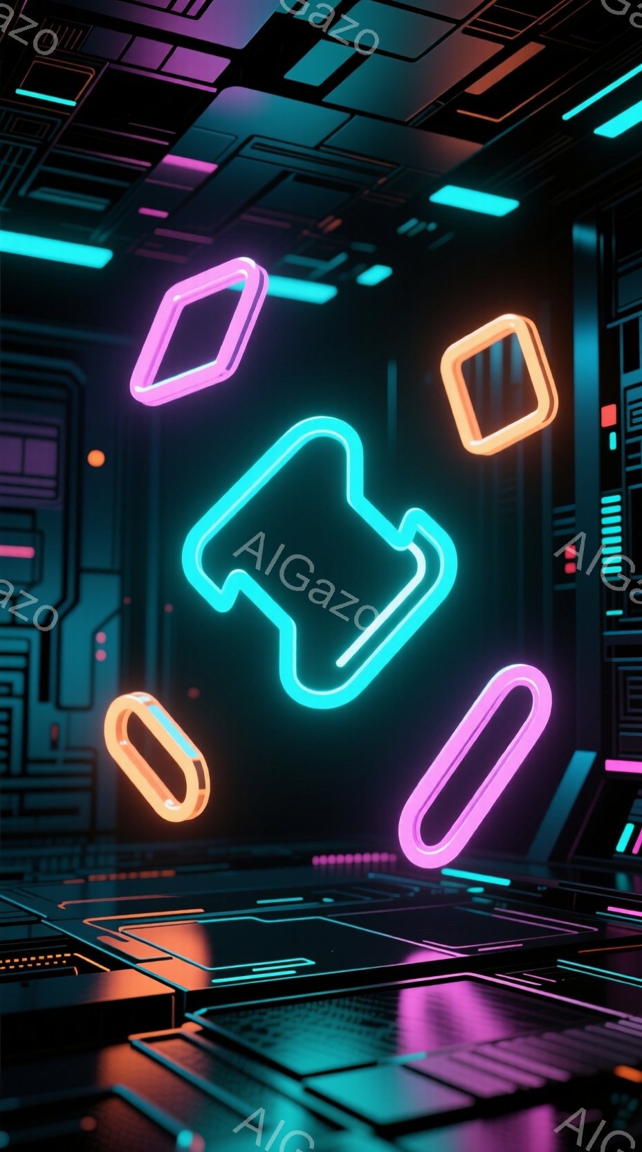 この画像は、未来的な、暗い背景を持つレンダリングです。鮮やかなネオンピンクとターコイズブルーの光る幾何学的な形が、暗い背景に浮かび上がり、未来的なテクノロジーの雰囲気を醸し出しています。床面は反射しており、周囲の光を捉え、さらに未来的な印象を強めています。