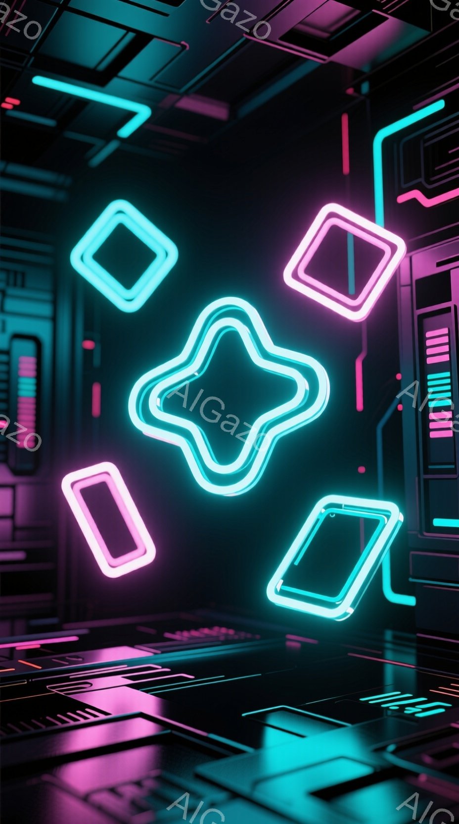鮮やかなネオンカラーの光る幾何学的な図形が、黒い背景に浮かび上がっています。特に中心にある歪んだ四角形が目を引き、周囲の正方形や長方形と対照的です。 全体的に未来的なテクノロジーを感じさせる、サイバーパンク風の雰囲気です。