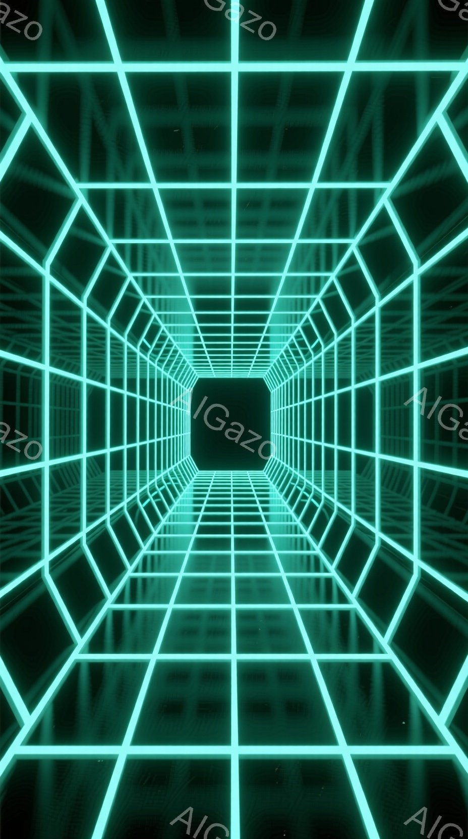 鮮やかな緑色のネオンライトで構成された無限に続くトンネルが描かれています。幾何学的なパターンが、奥行きと無限遠の錯覚を生み出し、未来的な雰囲気を醸し出しています。明るい緑色の光が、暗闇の中で際立ち、サ - AI生成フリー素材