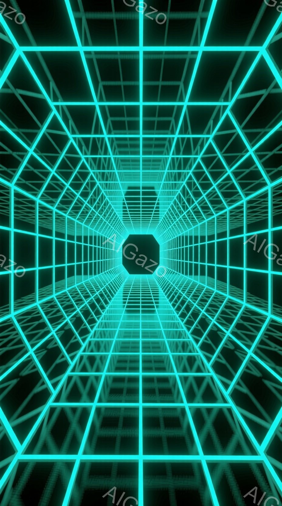 この画像は、蛍光緑色のグリッド線が無限に続くトンネルを描いています。線は消失点に向かって収束し、未来的なデジタル空間の感覚を作り出しています。全体的に、サイバーパンクやレトロなビデオゲームを連想させる、没入感のある視覚効果を生み出しています。