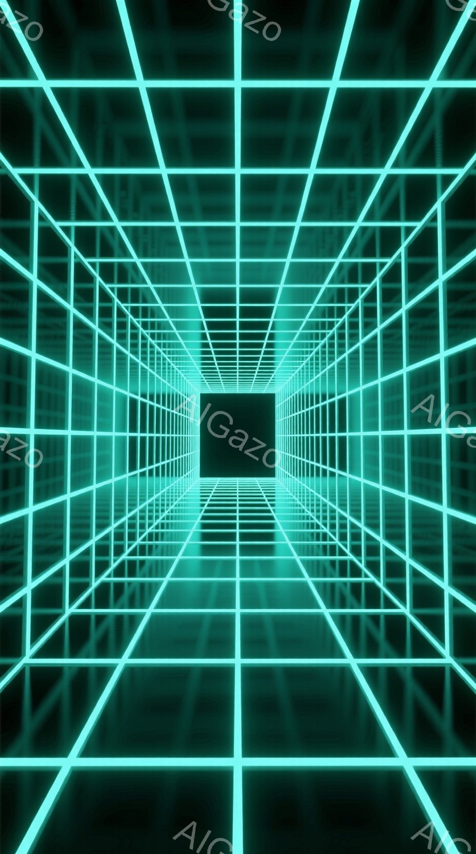 この画像は、蛍光緑色の光る線で構成された無限に続くトンネルのような空間を描いています。線は水平方向と垂直方向に交差し、遠近法によって消失点に向かって収束し、未来的なサイバー空間の印象を与えます。全体的に、暗く神秘的で、デジタルな雰囲気が漂っています。