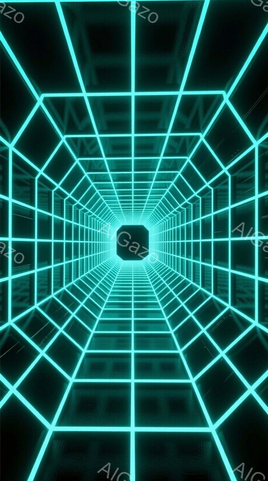 この画像は、ネオンブルーの光線で構成された無限に続くトンネルを描写しています。光線は、正方形や長方形のパターンを形成し、遠近法によって収束して消失点を作り出しています。全体的に、未来的なサイバー空間や仮想現実の世界を想起させる、鮮やかで没入感のある雰囲気です。