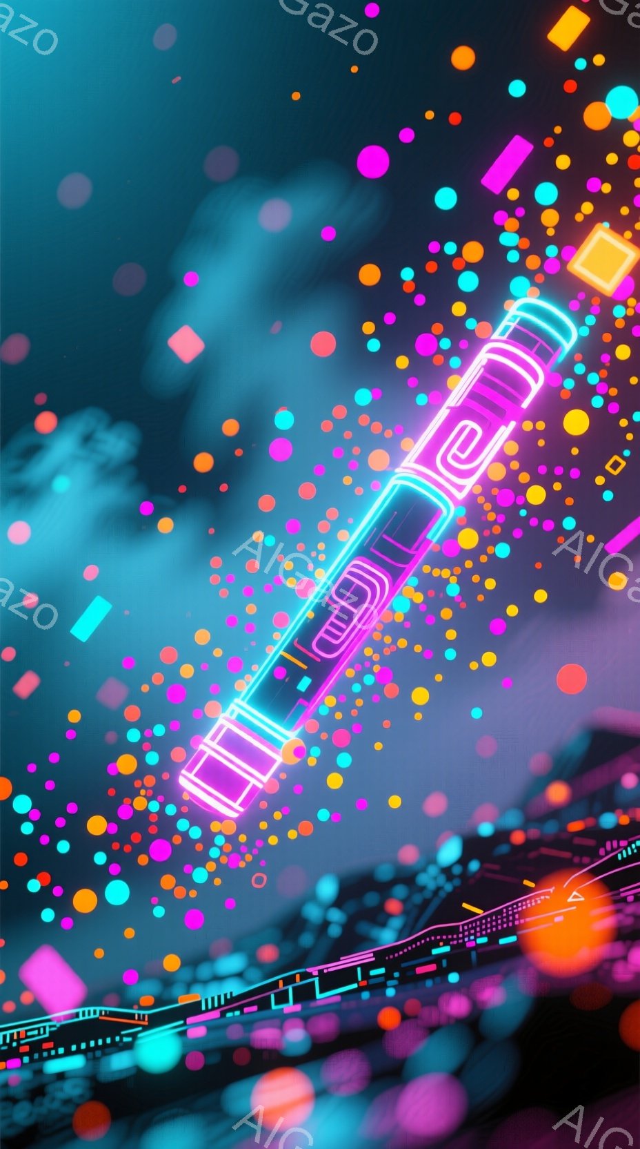 この画像は、ネオンカラーで縁取られた光る光剣のようなオブジェクトを中心に描かれています。背景には、様々な色の小さな光の球が散りばめられ、下部には青い光のラインが描かれた未来的なパターンがあります。全体的に、鮮やかでサイバーパンク的な雰囲気で、エネルギーとスピード感を表現しています。