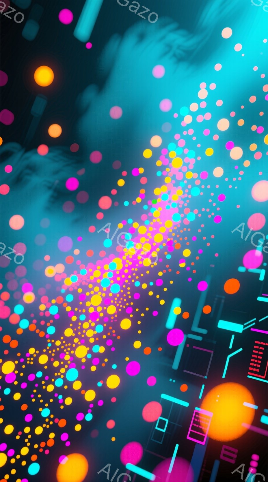 鮮やかなネオンカラーの球体が、暗い青色の背景に無数に散りばめられています。光の線が幾何学的なパターンを描き、未来的な都市の構造を連想させます。全体的に、エネルギッシュで幻想的な雰囲気を醸し出しています。