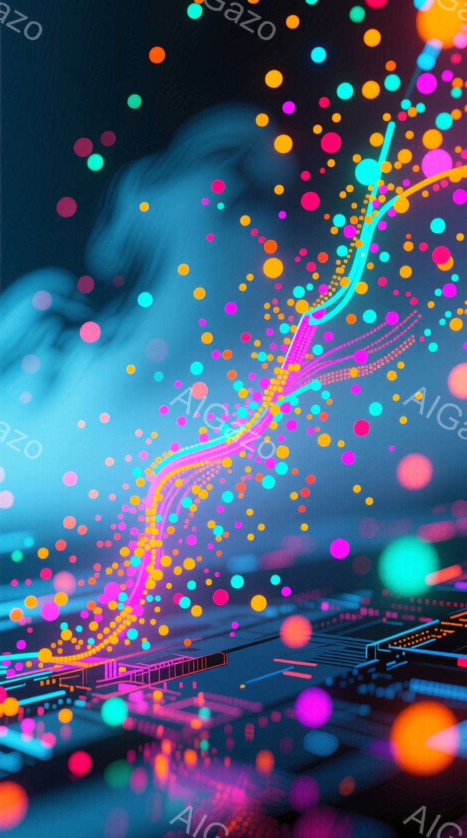 この画像は、鮮やかなネオンカラーの球体が飛び交うデジタルな空間を表現しています。背景には、基盤のような電子回路が広がり、未来的なテクノロジーを想起させます。全体的に、エネルギーに満ち溢れた、サイバーパ - AI生成フリー素材