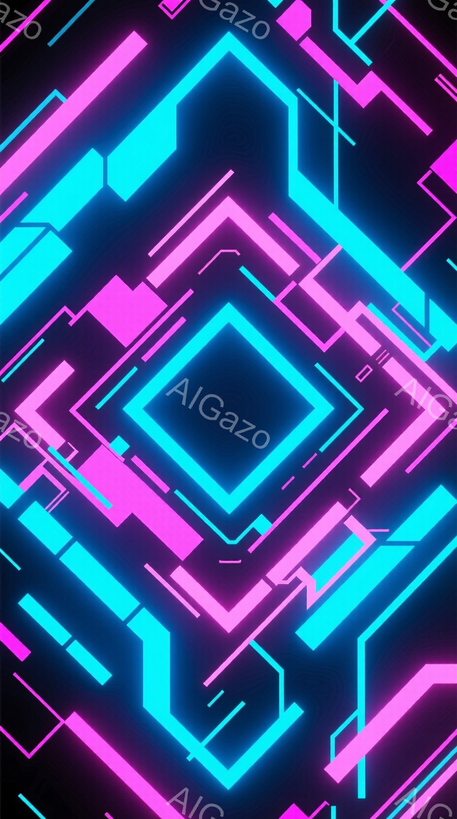 鮮やかなネオンピンクとターコイズブルーの線が、黒い背景に複雑に絡み合い、幾何学的なパターンを形成している。線は、未来的な回路や都市の景観を連想させるように配置され、光の強弱によって奥行きと立体感が生ま - AI生成フリー素材