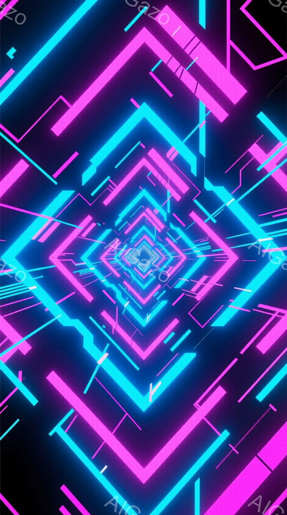 鮮やかなネオンピンクとターコイズブルーの線が、黒い背景に幾何学的な迷路のような構造を作り出している。線は様々な方向に伸び、視覚的に中心に向かって収束し、奥行きと無限の空間の感覚を生み出している。この構 - AI生成フリー素材