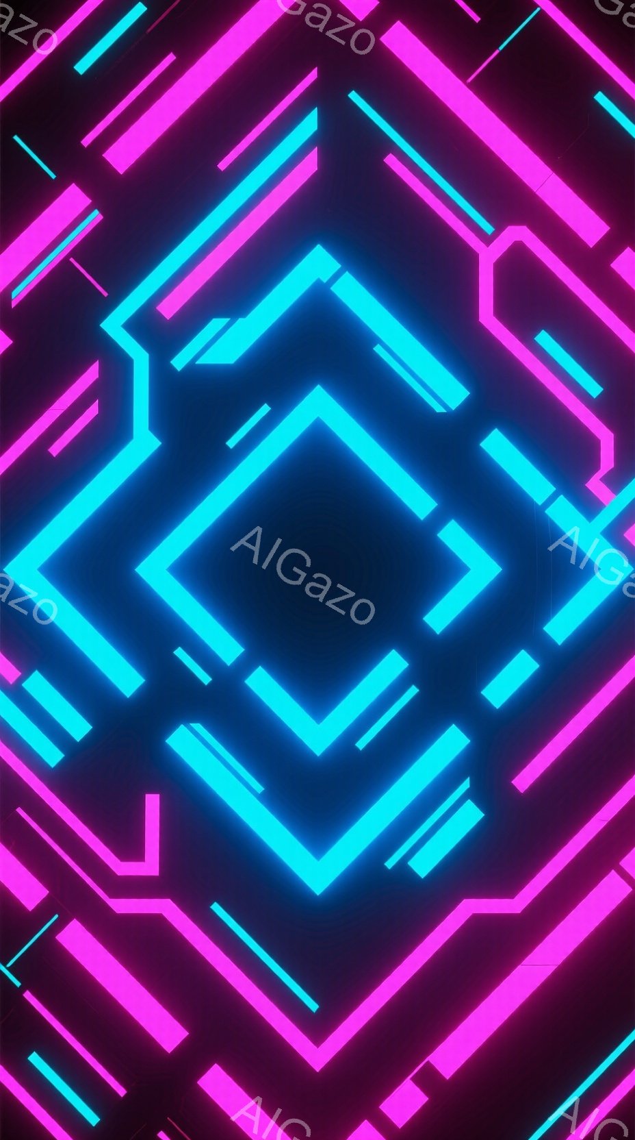 鮮やかなネオンピンクとターコイズブルーの線が複雑に絡み合い、暗い背景に浮かび上がっています。線は様々な角度で交差し、幾何学的なパターンを形成しており、未来的な回路や光の迷路を思わせます。全体的に、高輝度でサイバーパンクな雰囲気を醸し出しています。