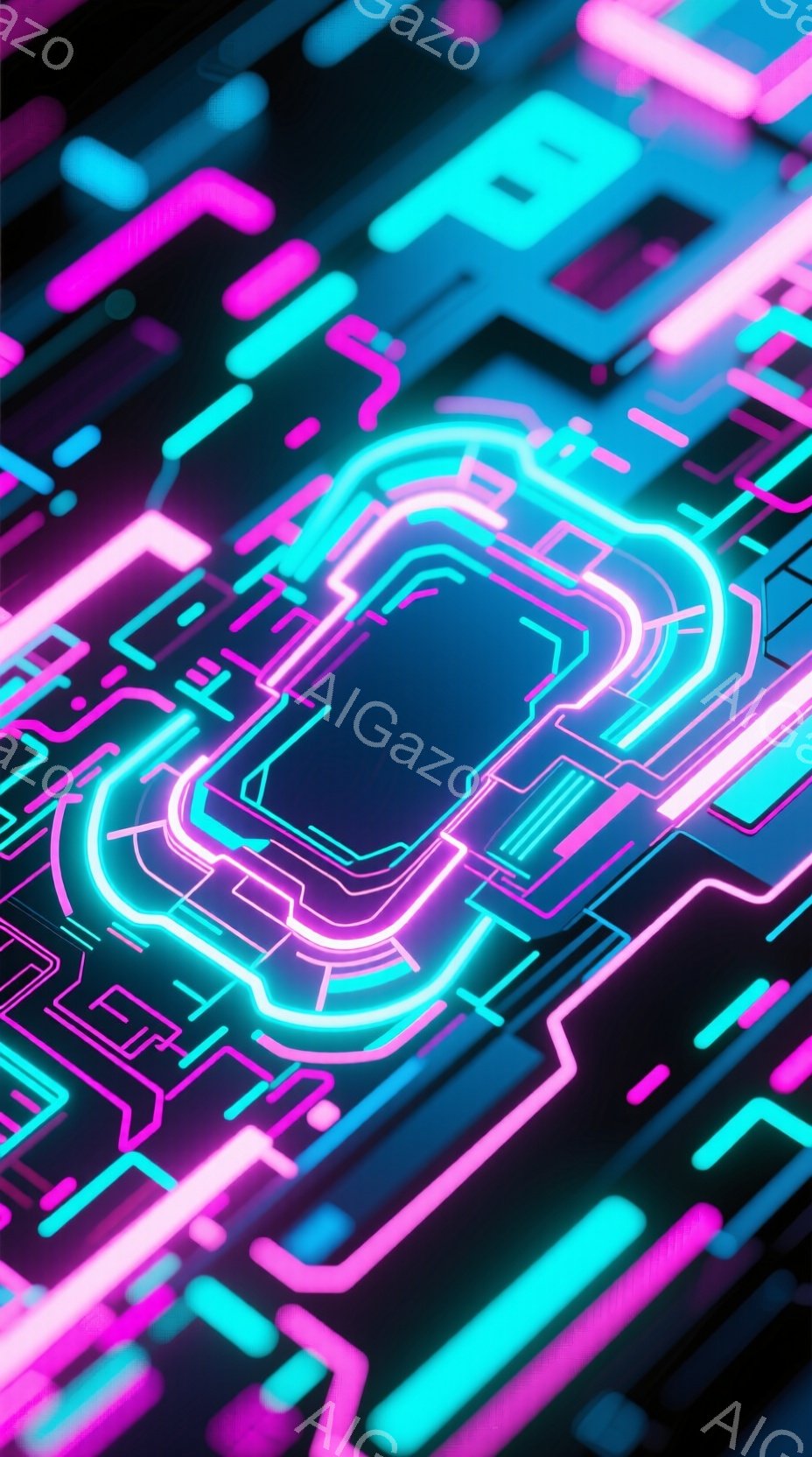 この画像は、ネオンカラーの光る回路基板を捉えたものです。鮮やかなピンクと水色のラインが複雑に絡み合い、未来的なテクノロジーの雰囲気を醸し出しています。暗い背景に光が際立ち、サイバーパンクやデジタルアートを想起させる視覚的な表現です。