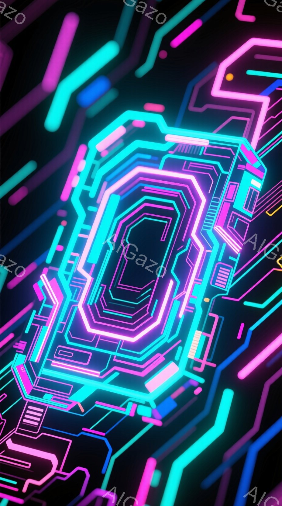 鮮やかなネオンカラーの線が複雑に絡み合い、未来的な回路のようなパターンを形成している。中心部には暗闇が広がり、その周囲を強烈な光が縁取っているため、奥行きと立体感が際立っている。全体的にサイバーパンクやデジタルアートを連想させる、テクノロジーと芸術が融合した印象的なビジュアルである。