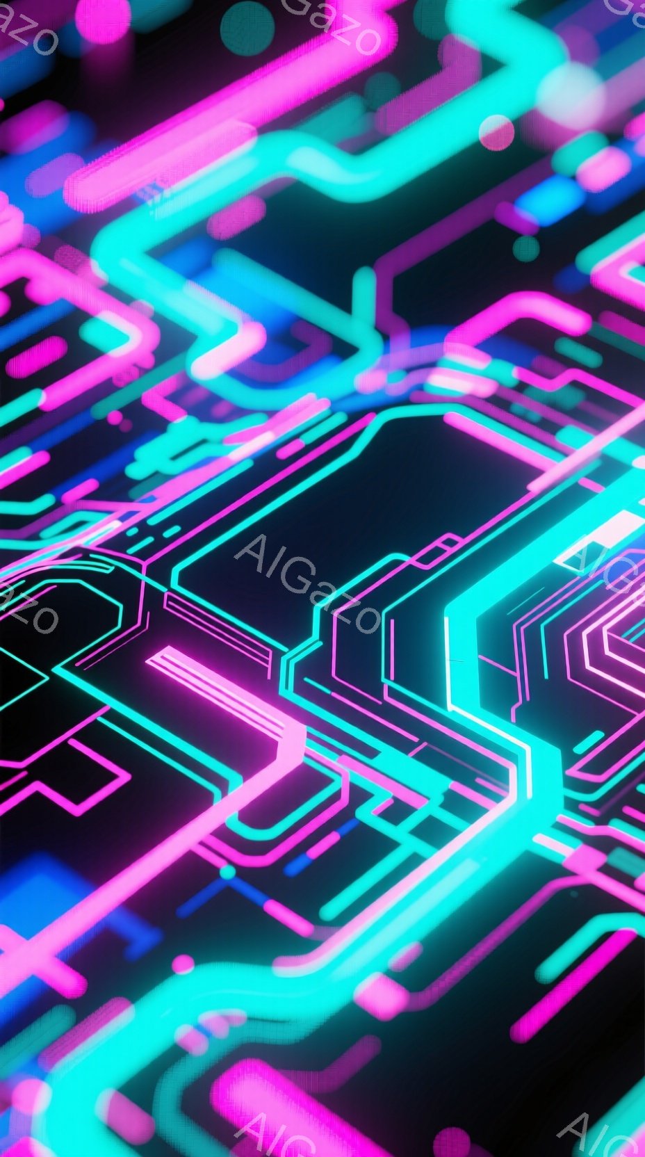 鮮やかなネオンピンクとターコイズブルーの線が複雑に絡み合い、未来的な回路図のような抽象的な空間を形成しています。黒色の背景がこれらの発光する線を際立たせ、ダイナミックでサイバーパンク的な雰囲気を醸し出 - AI生成フリー素材