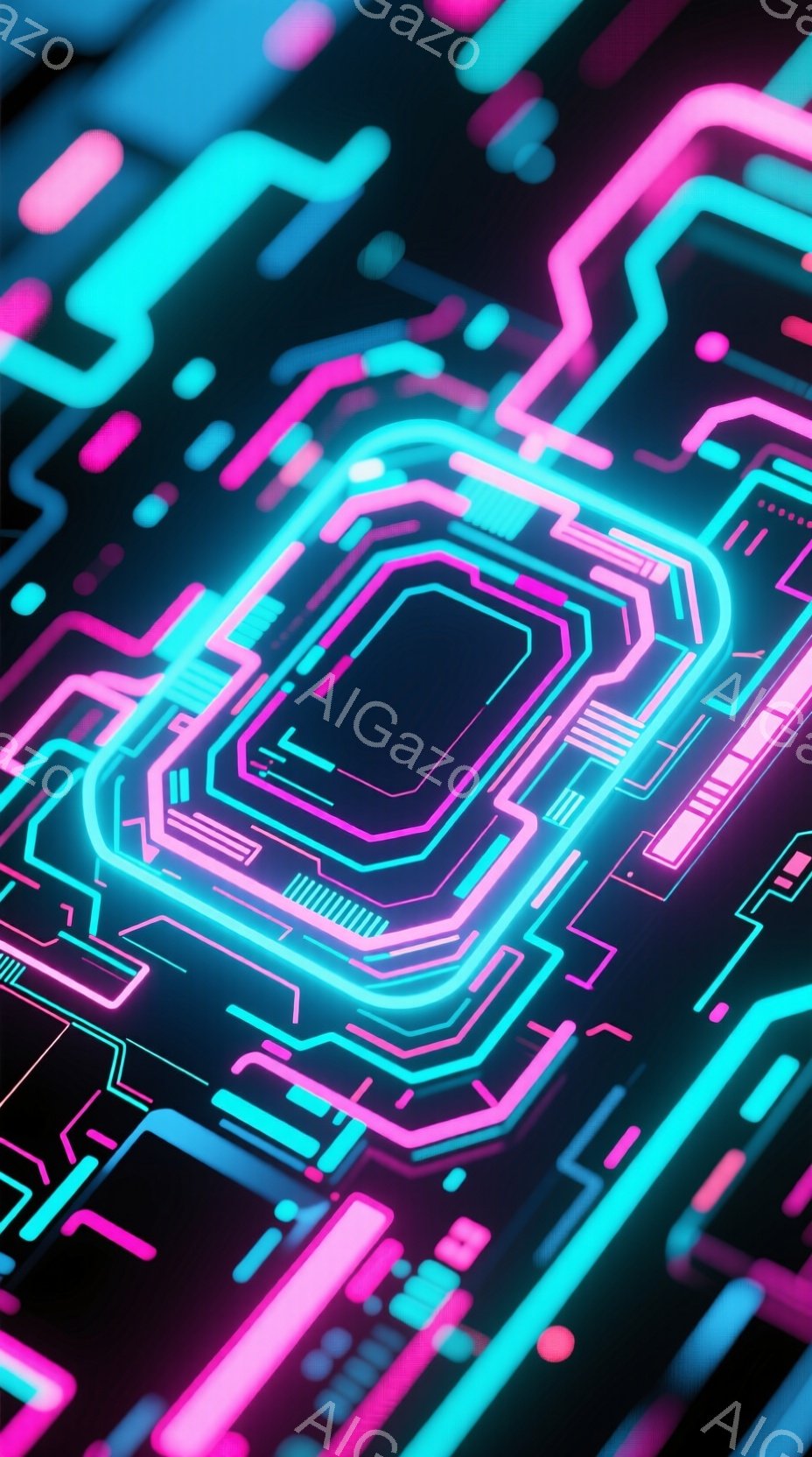 鮮やかなネオンピンクと青色の回路が複雑に絡み合い、未来的な基板のような模様が広がっています。光の線が交差する箇所は明るく輝き、奥行きのある立体感を強調しています。全体的に、デジタル技術と未来都市を連想させる、クールでスタイリッシュな雰囲気です。
