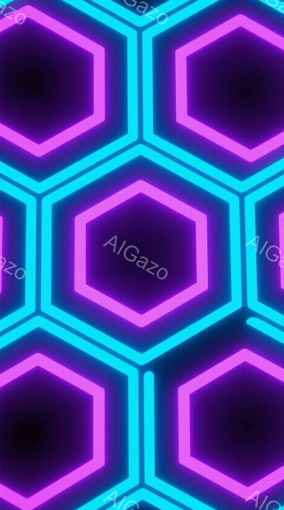 鮮やかなネオンブルーと紫色の六角形が隙間なく並んだ背景が印象的です。各六角形は、中心に向かって徐々に色が濃くなるグラデーションで表現されています。全体として未来的な、サイバーパンクな雰囲気を感じさせま - AI生成フリー素材