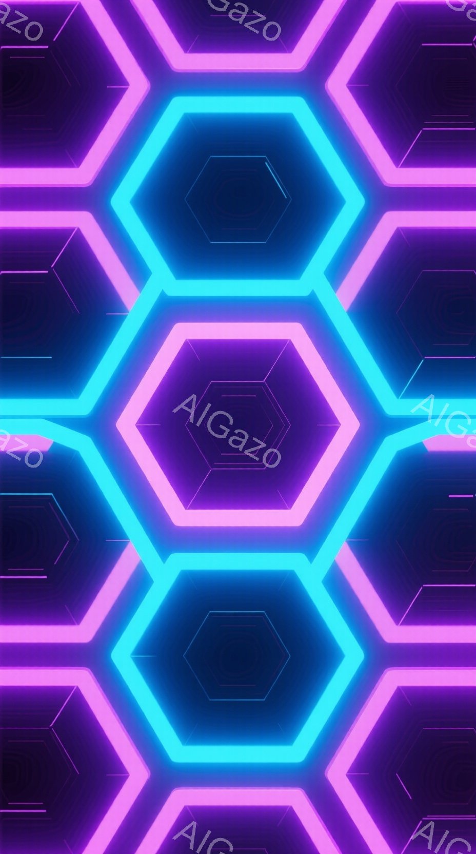 この画像は、ネオンカラーの六角形が複雑に絡み合った抽象的なデザインです。鮮やかなターコイズブルーと濃い紫色のラインが、未来的な回路やグリッドのような印象を与えます。背景は暗く、六角形が発光していること - AI生成フリー素材