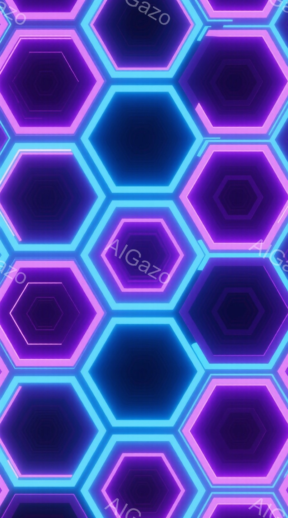 この画像は、ネオンピンクとターコイズブルーの六角形が密接に並んだパターンで構成されています。六角形は光を放ち、立体的な奥行きを作り出しており、未来的な雰囲気があります。背景は暗く、六角形が際立って見え - AI生成フリー素材