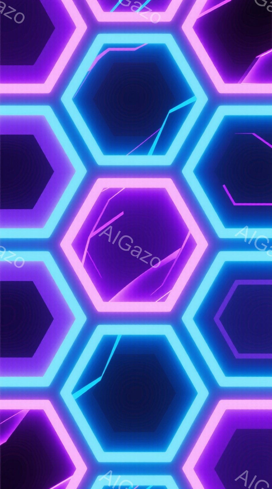 この画像は、ネオンカラーの六角形が複雑に組み合わされた抽象的な背景です。ピンクと水色の六角形が互いに重なり合い、未来的な雰囲気を醸し出しています。暗い背景に光る六角形が、まるでデジタル空間の断片を切り取ったかのような印象を与えます。