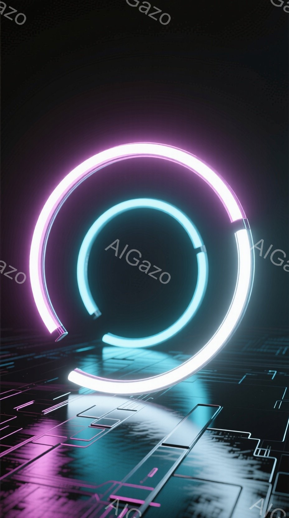 鮮やかなネオンピンクと青色の光が円を描き、暗い背景に浮かび上がっています。その光は反射しており、床面には未来的な回路のような模様が映し出されています。全体的に、テクノロジーと神秘的な雰囲気が混ざり合った、クールで洗練された印象を与える画像です。