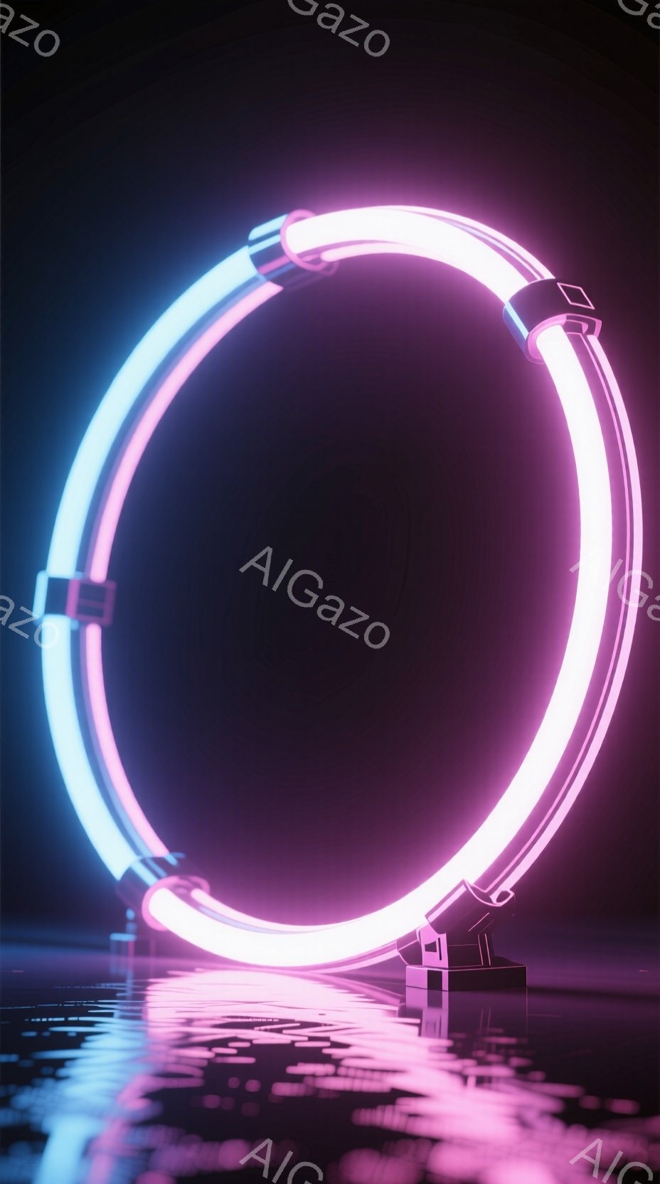 深い紫色の背景に、光る円環状の構造物が浮かび上がっています。円環は鮮やかなネオンブルーと紫色の光を放ち、床面にはその反射が映し出されています。ミニマルで未来的な雰囲気で、まるでサイバーパンクの世界の一部のようです。