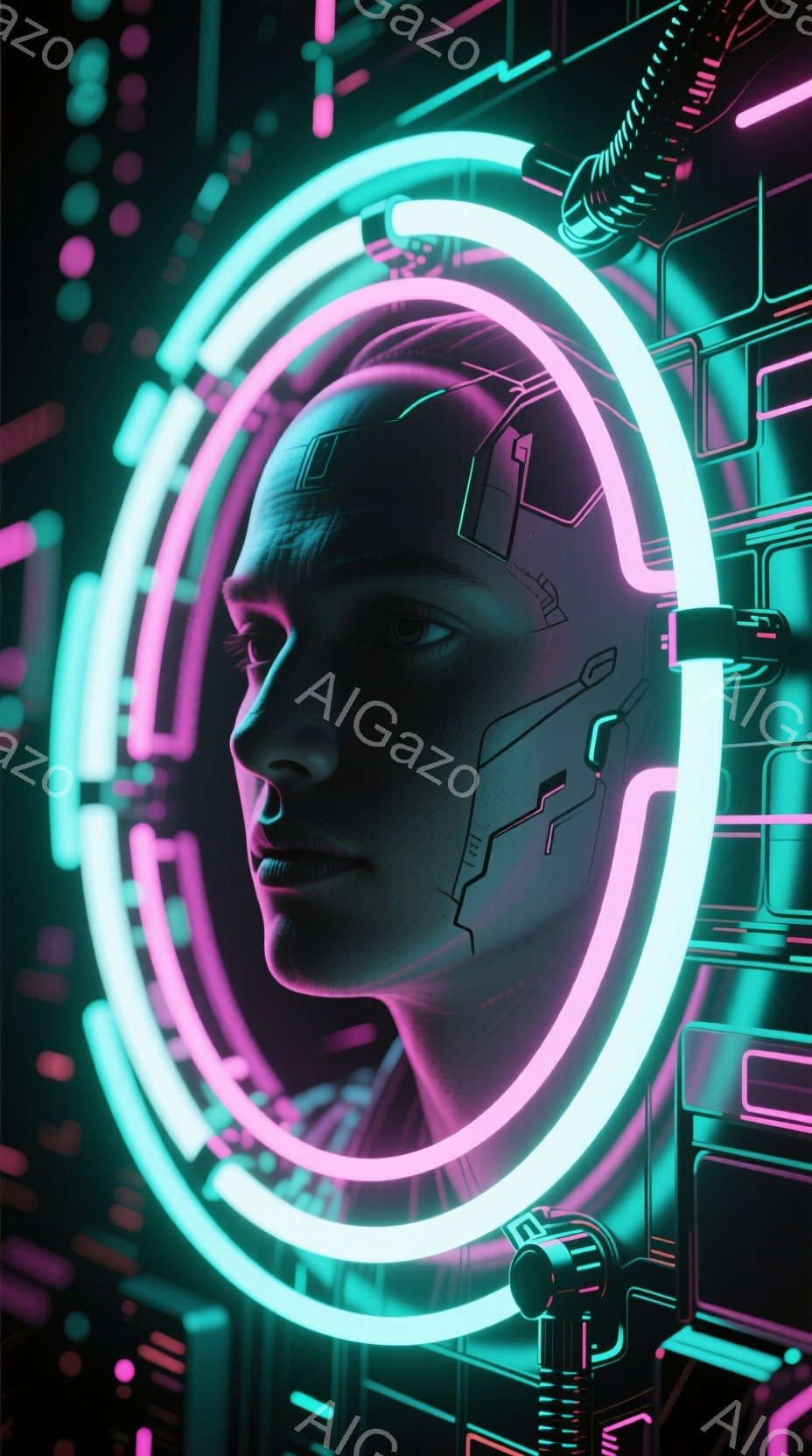 この画像は、サイバーパンク風の女性の顔のクローズアップです。顔の一部は機械化されており、金属製のプレートが有機的な肌と融合しています。背景はネオンライトで彩られた回路基板のような構造で、未来的な雰囲気を醸し出しています。
