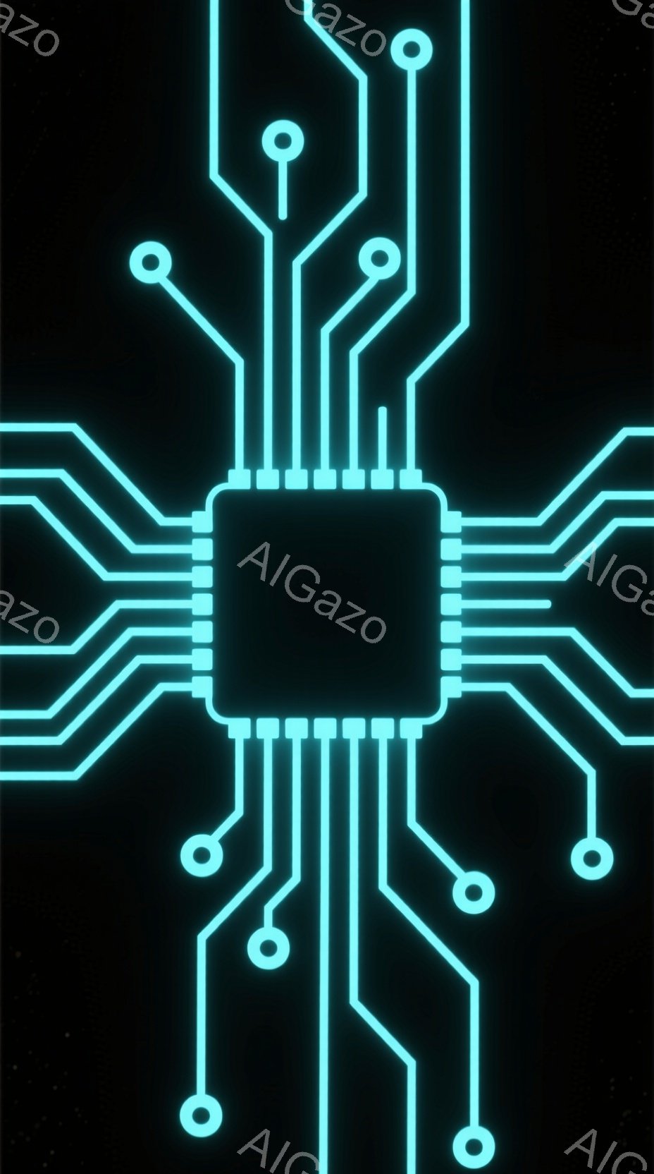 鮮やかなターコイズブルーの線が、黒い背景に複雑な回路図のようなパターンを描き出している。中央には四角いチップが配置され、そこから放射状に細い線が伸びて、端には円形のノードが配置されている。全体的に未来的なテクノロジーやデジタル世界のイメージを喚起させる、ミニマルで洗練されたデザインである。