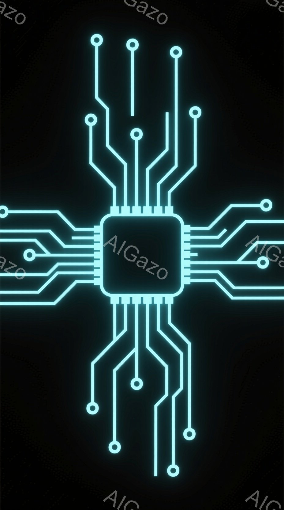 暗い背景に、明るい青緑色の回路図のようなデザインが描かれています。中央には黒い四角形のチップがあり、そこから細い線が放射状に広がって、円形のノードで終わっています。全体的に、未来的なテクノロジーやデジ - AI生成フリー素材