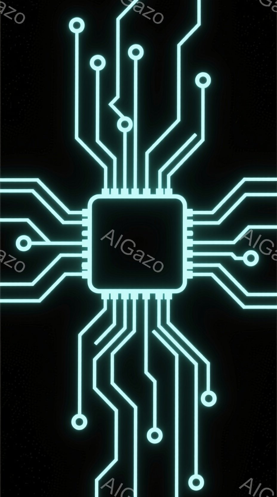 鮮やかなターコイズブルーのラインが、黒い背景に回路図のような模様を描き出している。中心には四角いチップのような形状があり、そこから放射状に線が伸び、先端に小さな円が配置されている。全体的に未来的な、テクノロジーを感じさせるデザインで、まるで電子機器の内部構造を可視化したかのようだ。