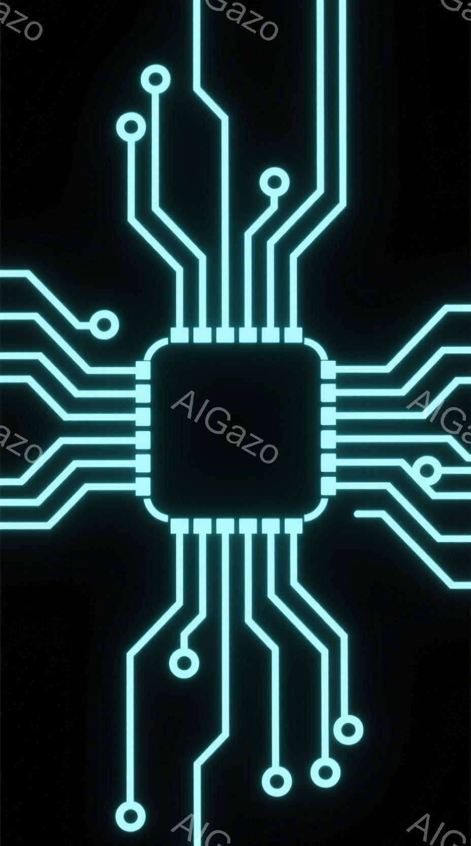 鮮やかなターコイズブルーの線が、黒色の背景に複雑な回路図のようなパターンを描いています。中心には長方形のチップのような形があり、そこから放射状に線が伸び、先端には小さな円が配置されています。全体的に未 - AI生成フリー素材