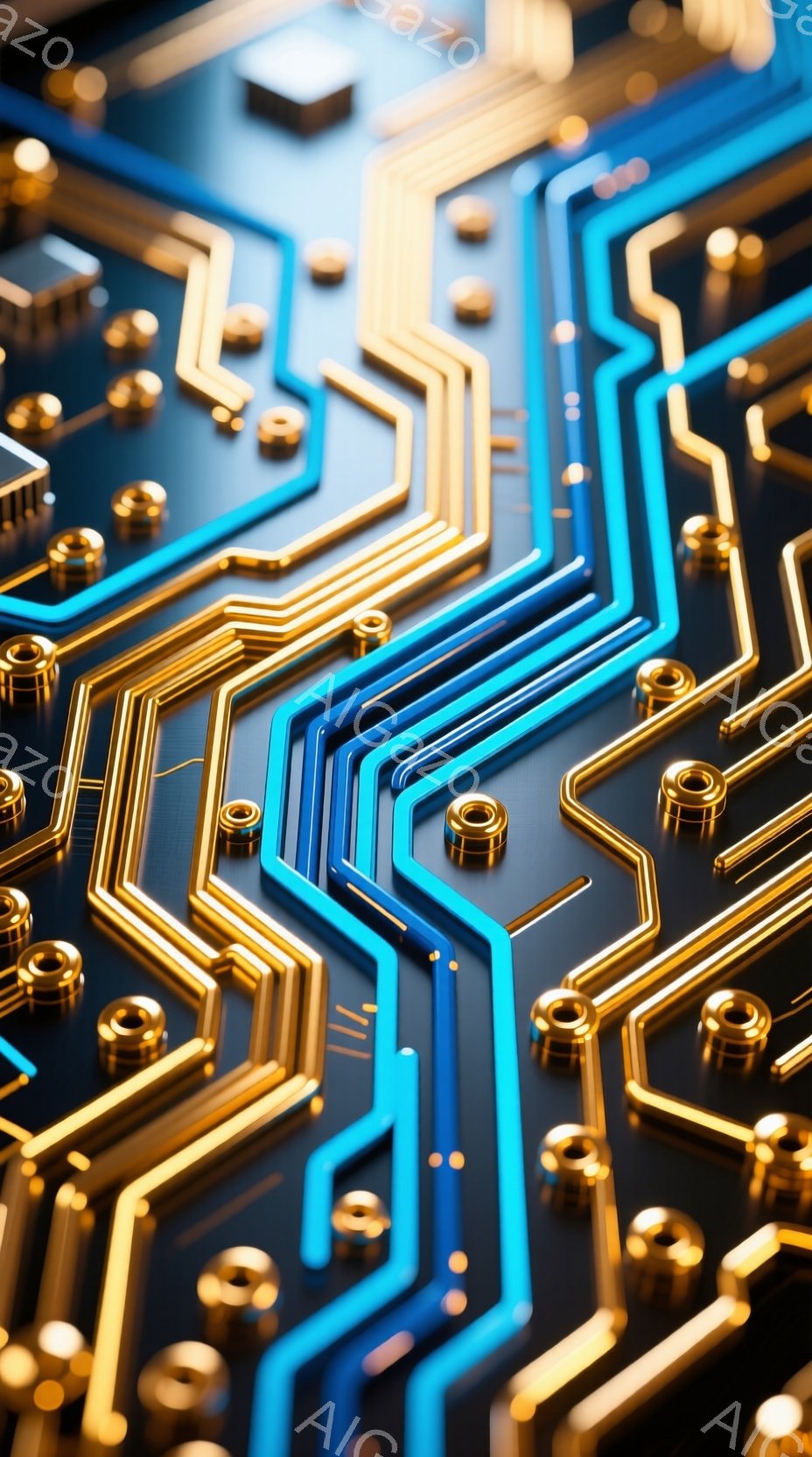 この画像は、黒い基板上に金色の線と青い線が複雑に配線された、回路基板のクローズアップです。金属製の小さな突起が等間隔に配置されており、未来的なテクノロジーや電子機器の内部構造を想起させます。鮮やかな色彩と精密なデザインが、洗練された印象を与えています。