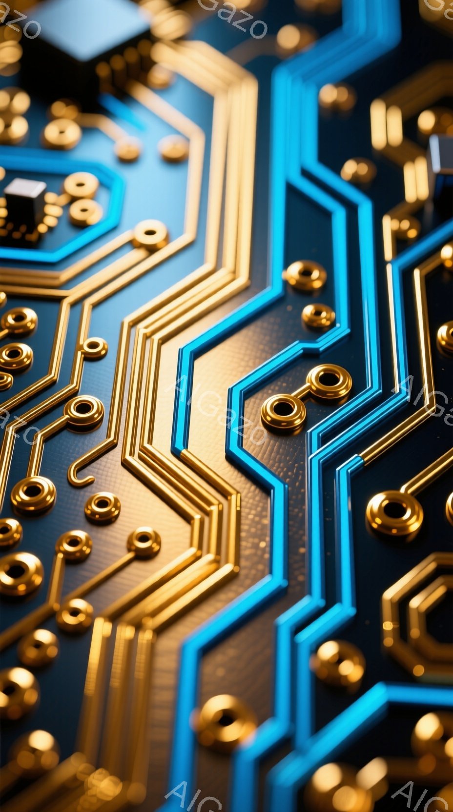 鮮やかな青と金色の回路基板が、複雑なパターンで構成されています。金色の小さな突起が規則的に配置され、青い線がそれらを繋ぐように走っています。背景は暗く、基板のパターンが際立っており、未来的な技術のイメ - AI生成フリー素材