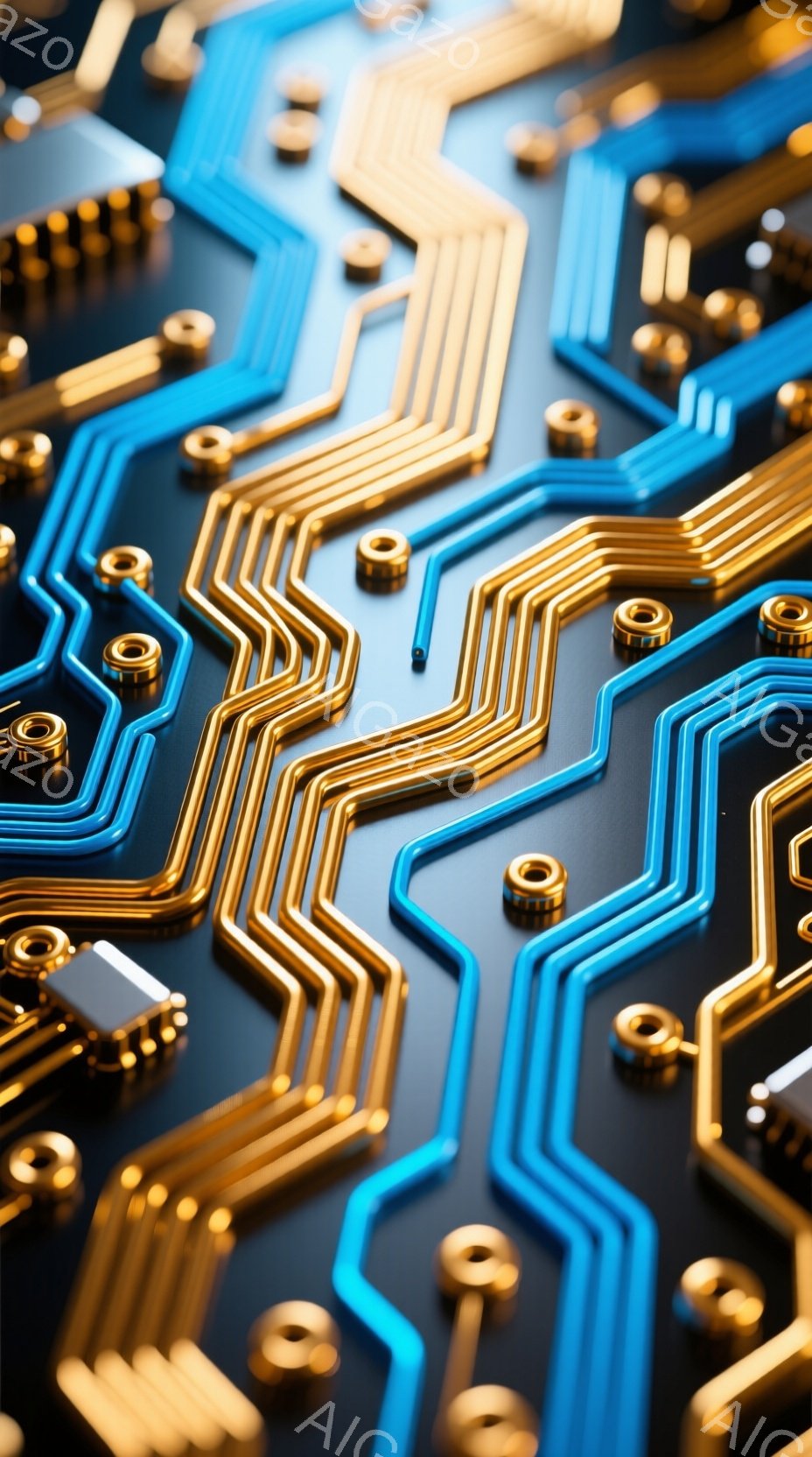 鮮やかな青と金の配線が、黒い基板上に複雑に広がり、まるで未来的な回路図のようです。小さな金属製の部品が規則的に配置され、精密な電子機器内部のような印象を与えます。全体的に洗練された輝きがあり、高度な技術と革新的な雰囲気を醸し出しています。