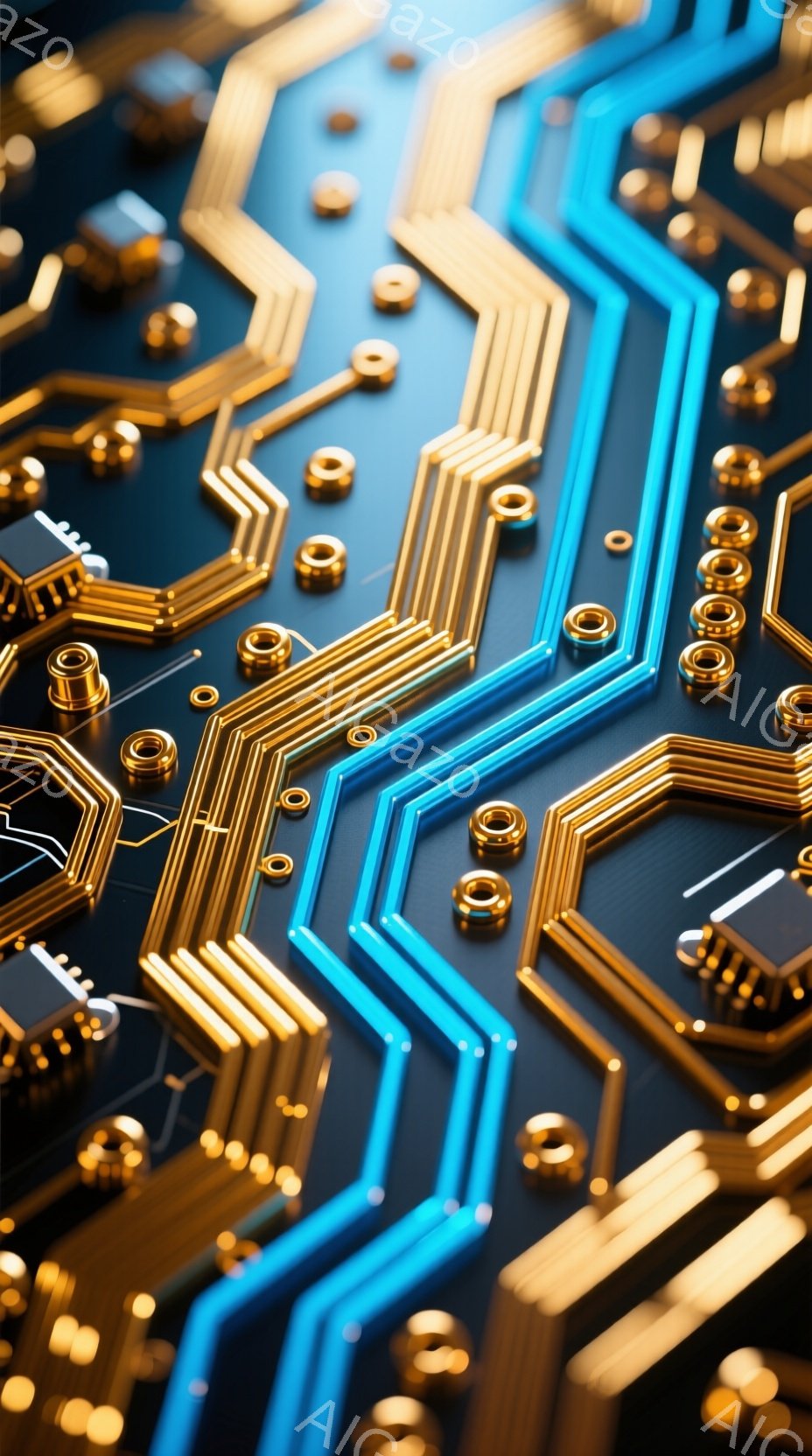 鮮やかな青色の回路と金色の配線が複雑に絡み合い、未来的な基板のテクスチャを形成しています。金色の小さな突起やチップが所々に配置され、高度な技術や電子機器を連想させます。全体的に、洗練された、高解像度で、技術的な美しさを強調したイメージです。