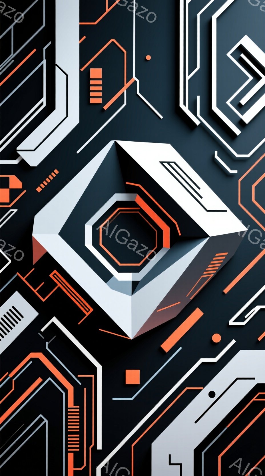 この画像は、黒背景に白とオレンジ色の幾何学模様が複雑に絡み合った抽象的なデザインです。中心には、多面体で構成された立体的な形状が存在し、周囲に線や図形が放射状に広がっています。全体的に未来的なテクノロ - AI生成フリー素材