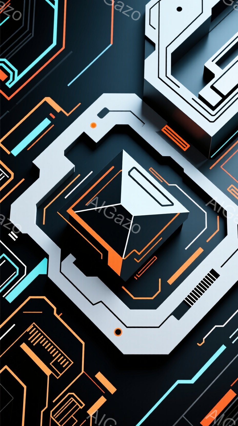 この画像は、未来的な回路基板のようなデザインで構成されています。オレンジ、水色、白のラインが黒い背景に浮かび上がり、複雑な幾何学模様を形成しています。立体的な構造が強調されており、サイバーパンクやテク - AI生成フリー素材