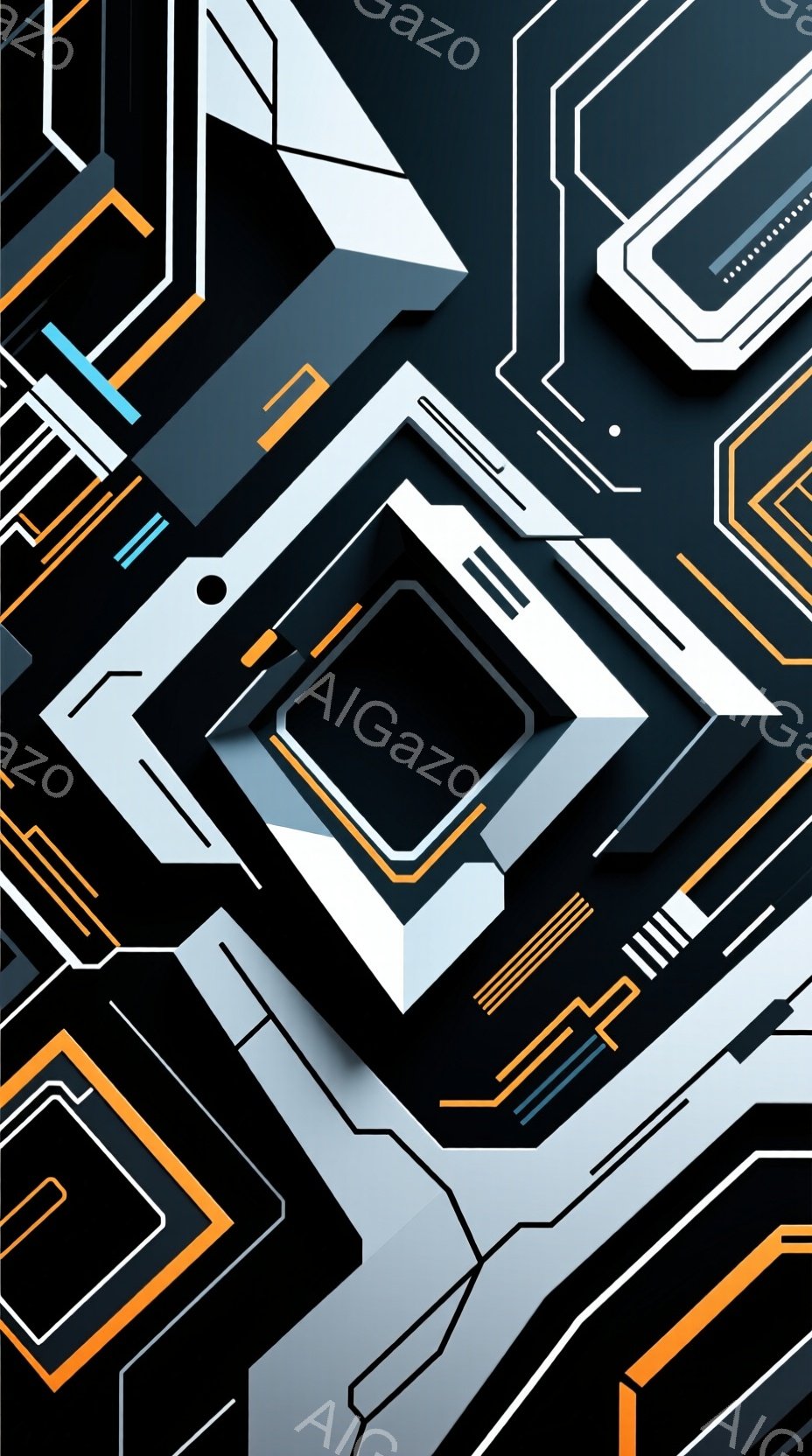 複雑な幾何学模様が特徴的な抽象的な画像です。黒を基調とし、白とオレンジ色のラインが未来的な回路や構造物を思わせるデザインを構成しています。全体的にシャープで洗練された印象を与え、テクノロジーやサイバー空間を連想させます。