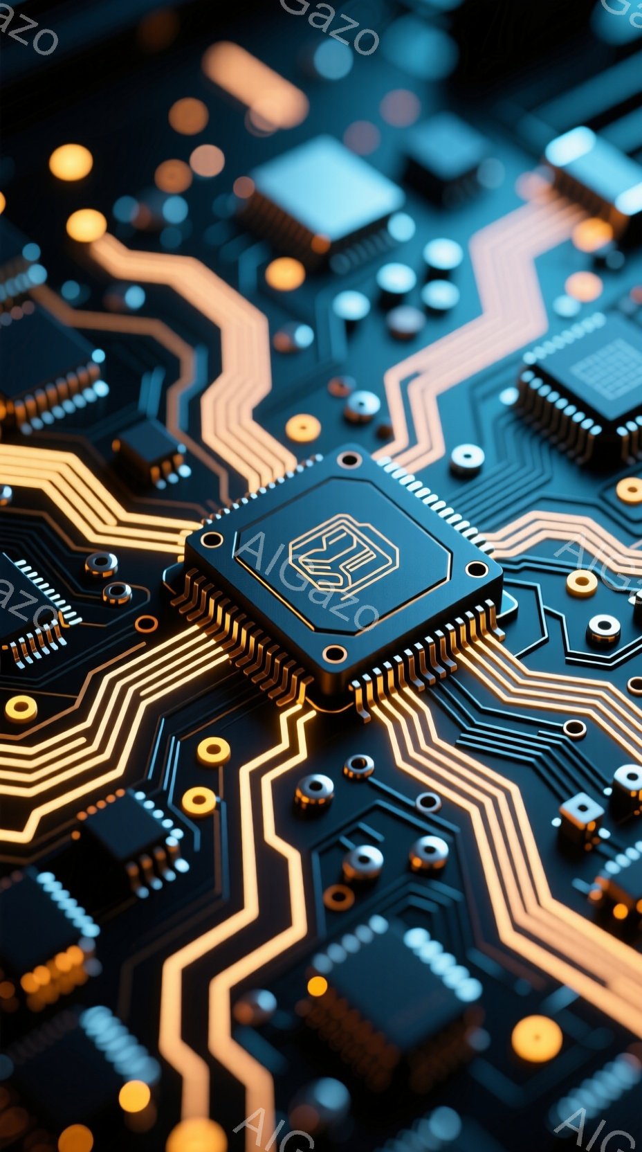 この画像は、複雑な電子回路基板をクローズアップしたものです。金色の配線が青黒い基板上を網の目のように走り、様々な電子部品が配置されています。全体的に未来的な雰囲気で、高技術やデジタル化を想起させます。 - AI生成フリー素材