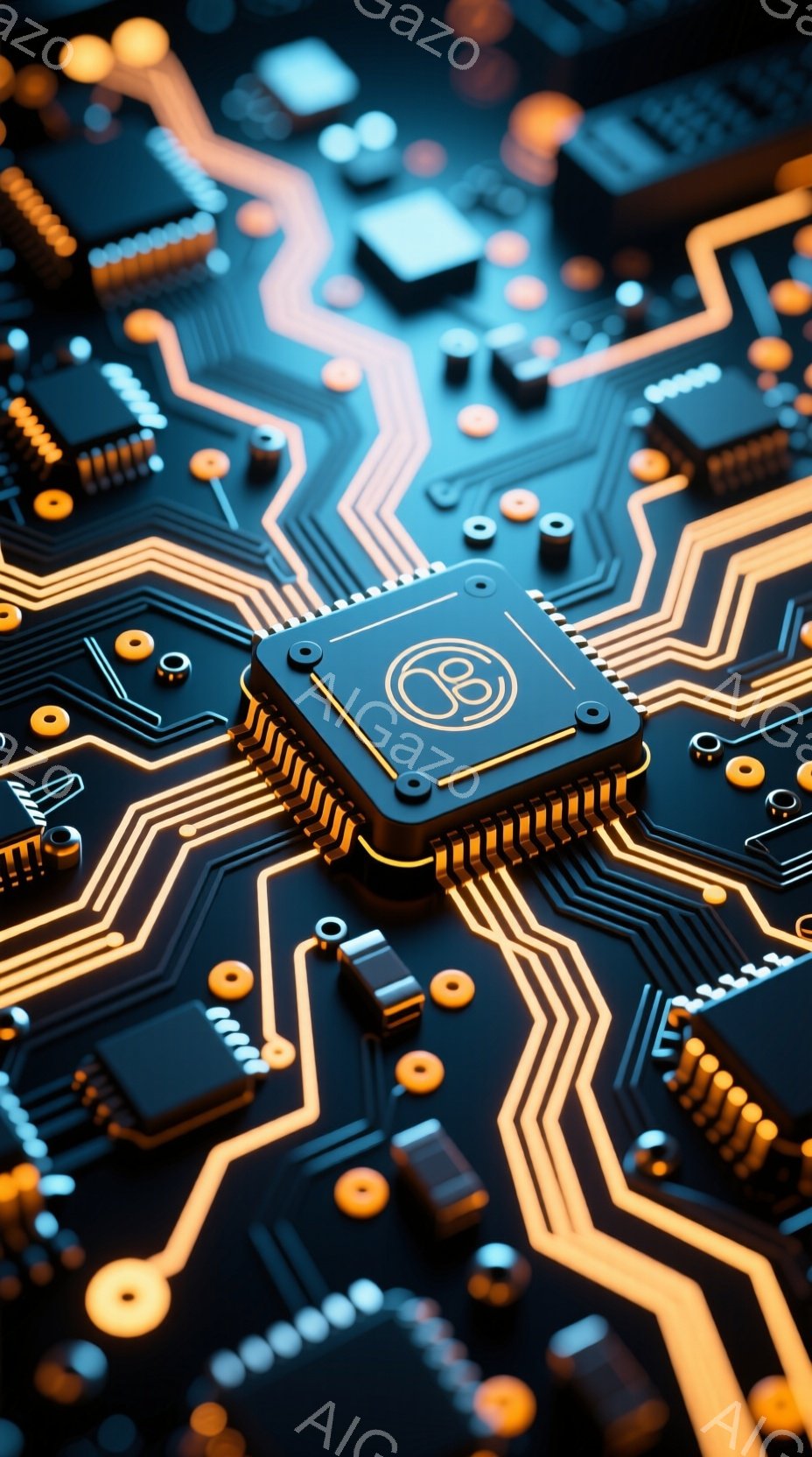 この画像は、複雑な回路基板を捉えたクローズアップです。鮮やかなオレンジ色の光が回路を強調し、黒い基板とのコントラストが印象的です。様々な電子部品が配置され、高度なテクノロジーを感じさせる、近未来的な雰囲気です。