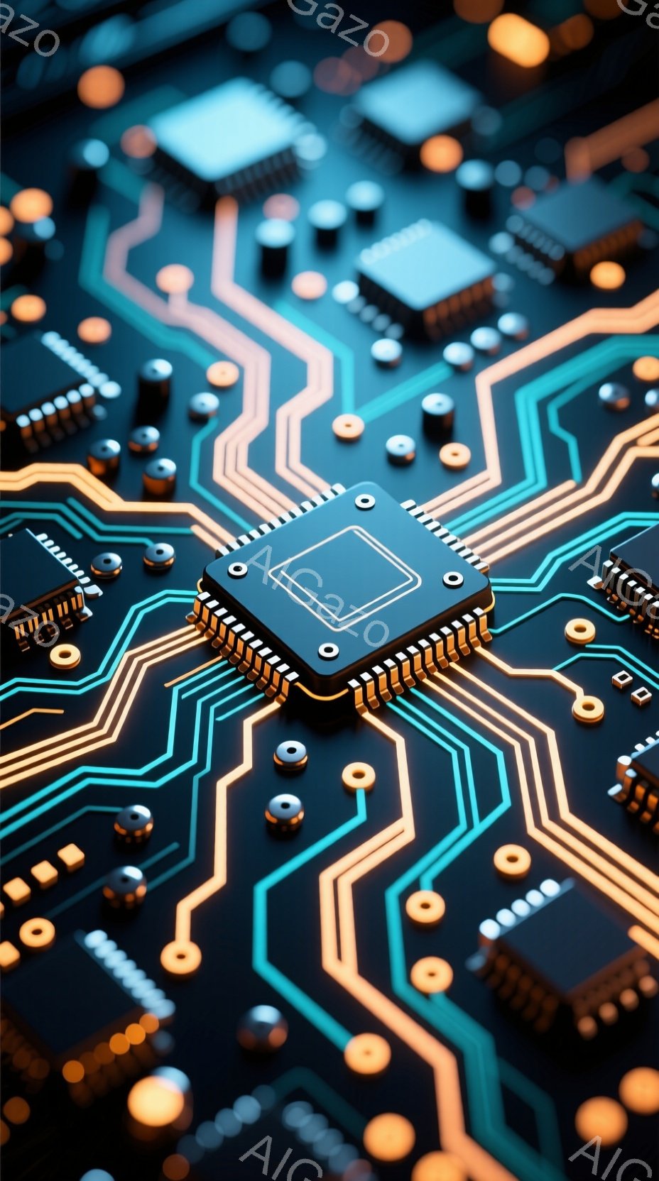 この画像は、複雑な電子回路基板のクローズアップです。金色の配線と、様々な電子部品が青色の基板上に配置されており、現代技術の精密さを強調しています。鮮やかな色彩と詳細な表現により、未来的な雰囲気が漂いま - AI生成フリー素材