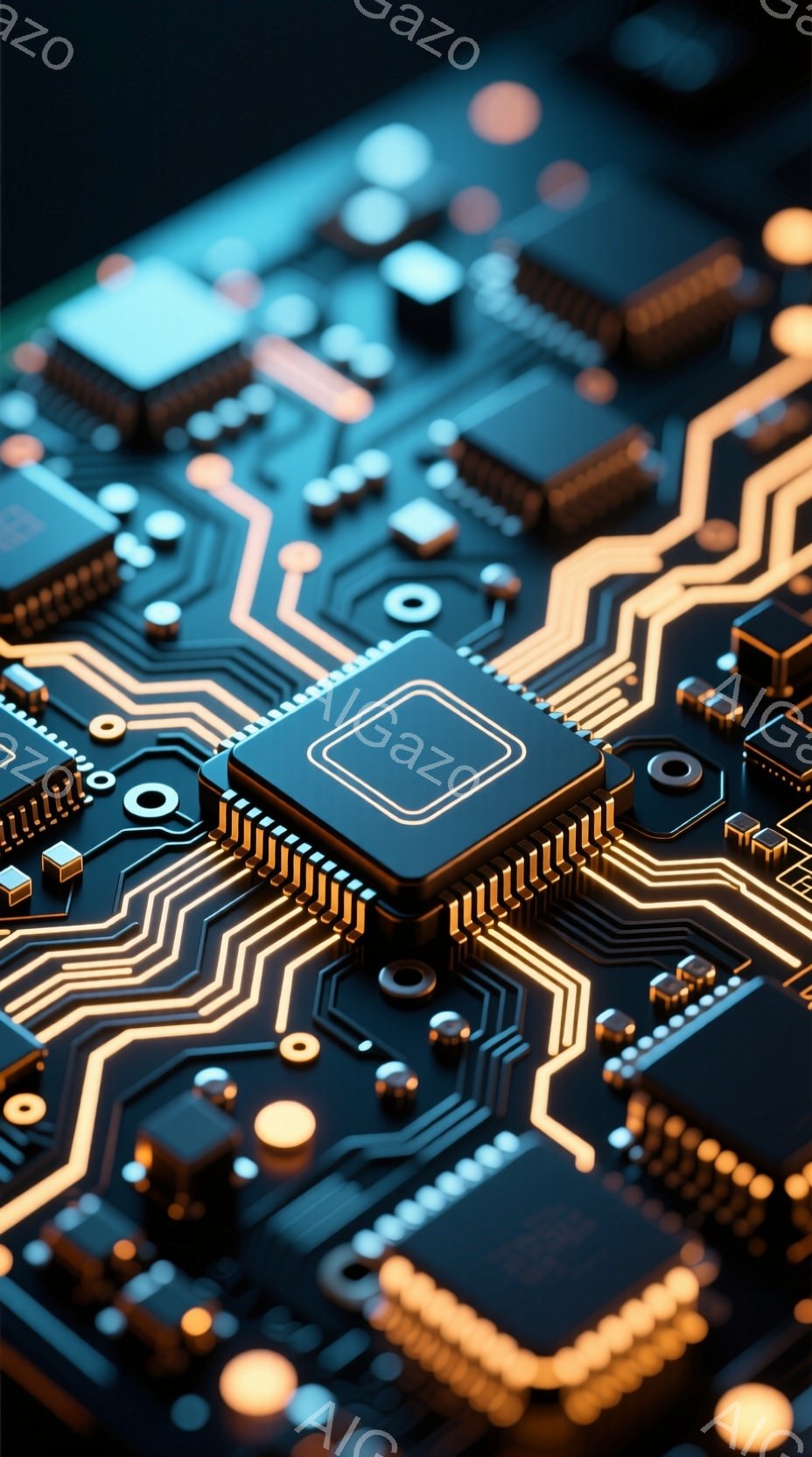 この画像は、複雑な回路基板のクローズアップです。金色の配線と様々な電子部品が黒い基板上に精密に配置され、未来的な印象を与えます。鮮やかな光が反射し、テクノロジーの進化と複雑さを強調しています。