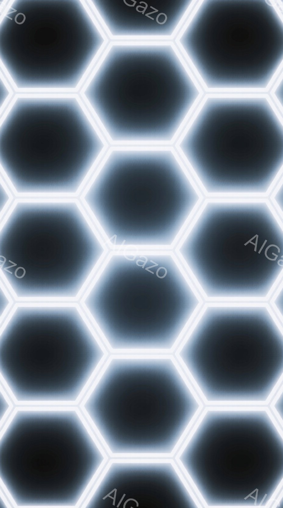 この画像は、均等に配置された六角形のグリッドで構成されています。各六角形は、中心に向かって暗くなる濃いグレーのグラデーションを持ち、明るい白い光の縁取りで強調されています。全体的に、未来的なテクノロジーやエネルギーを連想させる、幾何学的で抽象的な雰囲気です。